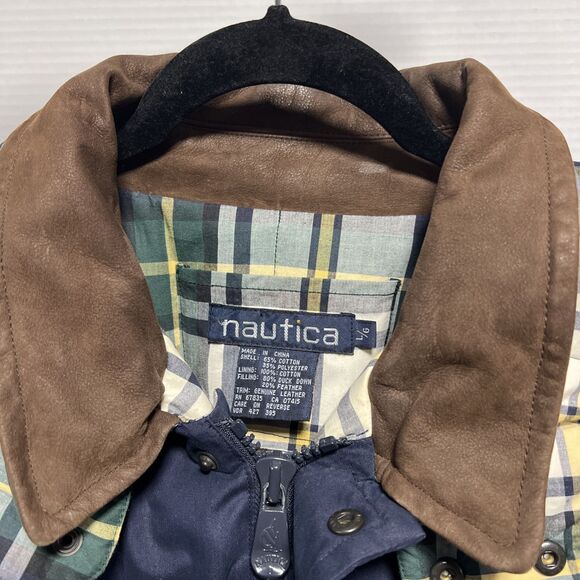 Vintage Nautica Duck Down Barn Chore Coat Men's Large Leather Collar Hood Blue - Picture 3 of 9